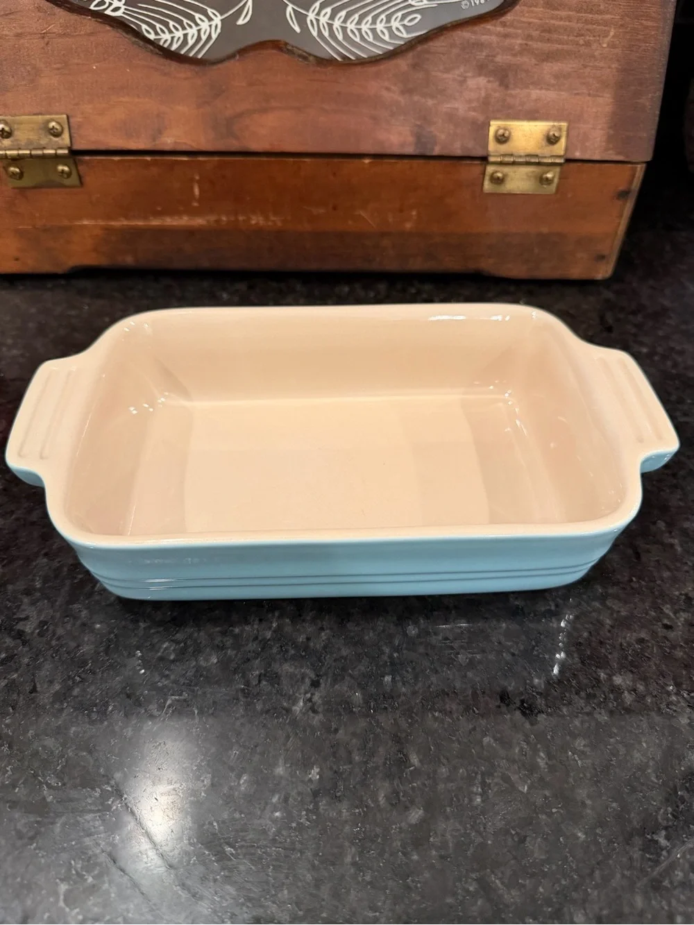 Le Creuset Two-Tone Rectangular Stoneware Baker in Light Blue & Cream bread pan